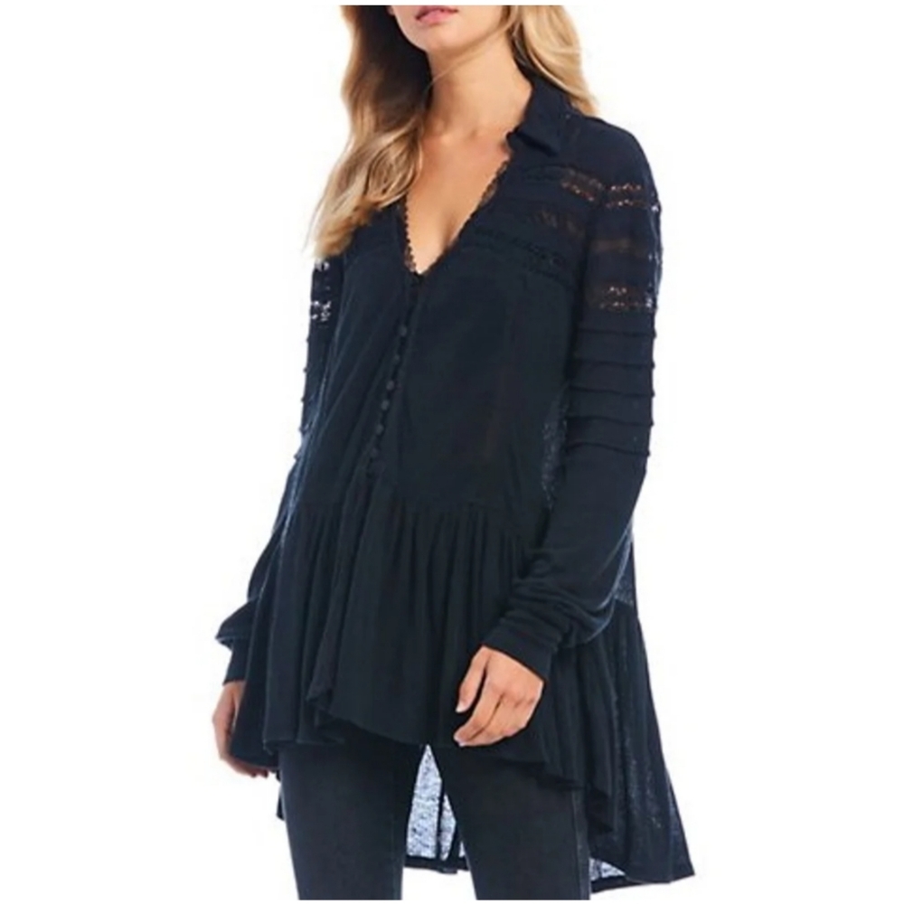 FREE PEOPLE Linen Blend Boho Lace Blue Long Sleeve High Low Ruffled Tunic Top
